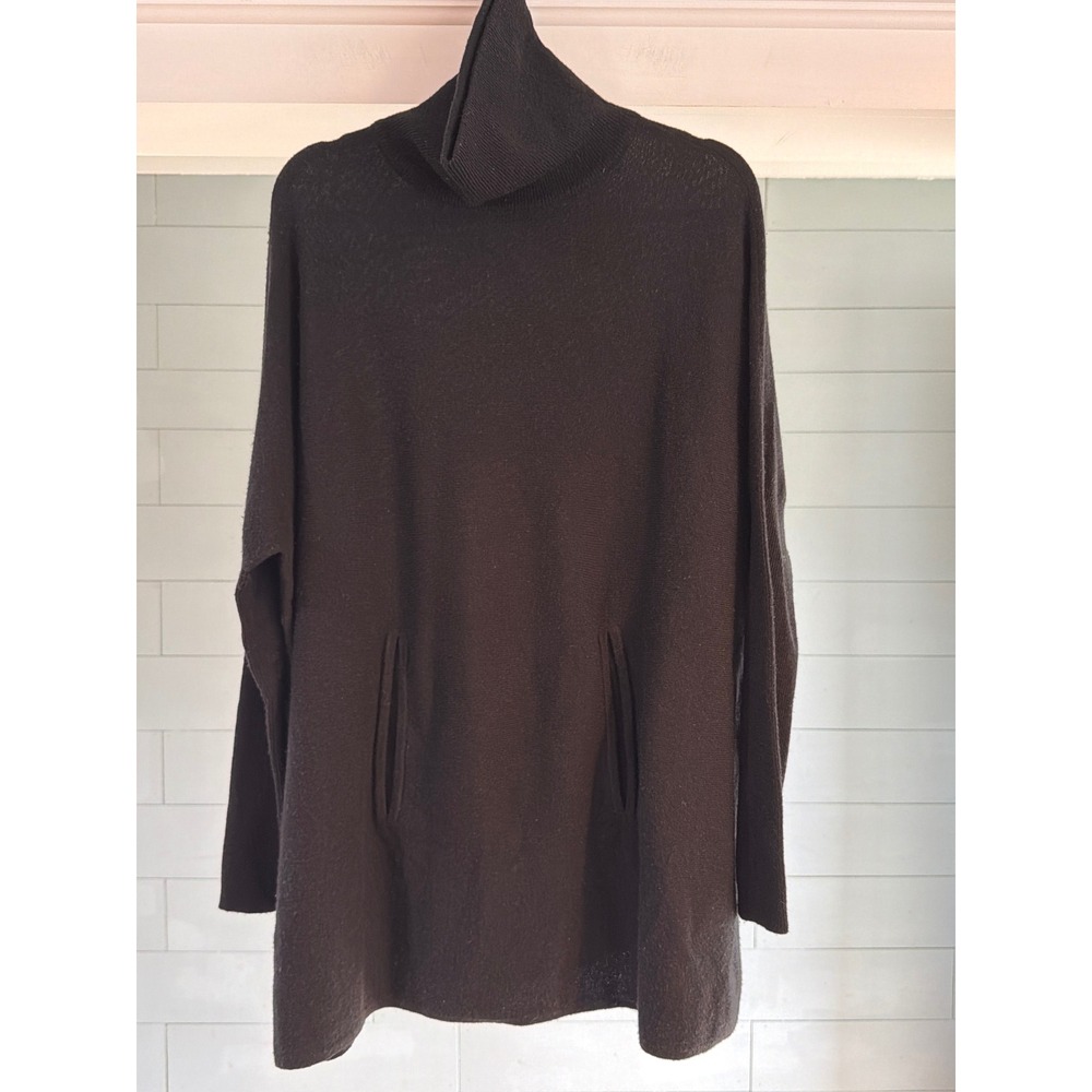 Garnet Hill Black Wool Cashmere Turtleneck Tunic Sweater Pockets Size M